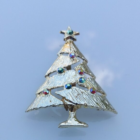 Gold Christmas Tree Pin Brooch with Green & Red Aurora Borealis Crystals - Picture 8 of 14